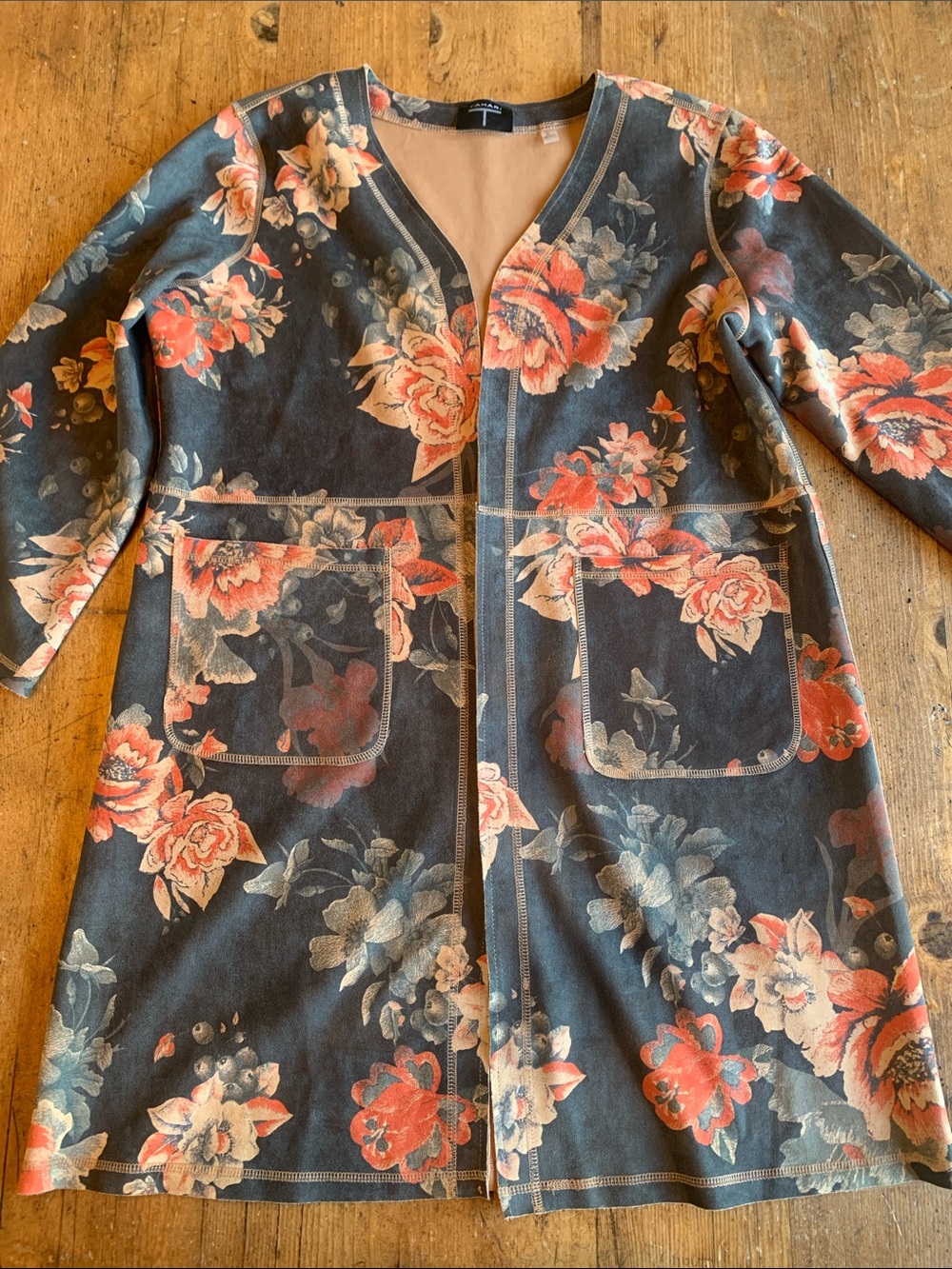 T Tahari Black Floral Long Cardigan with Coral and Blush Flowers